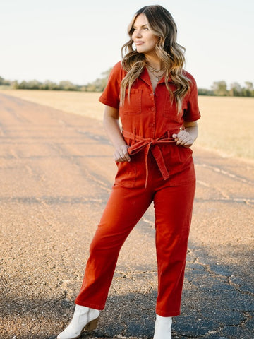 brick red button up collared short sleeve utility jumpsuit