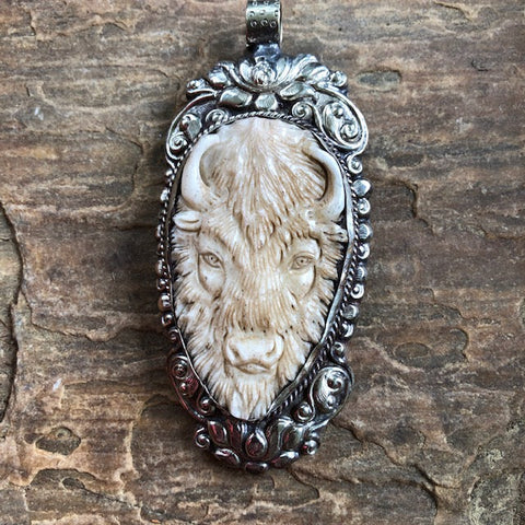 Bison Chief Carved Water Buffalo Bone Pendant