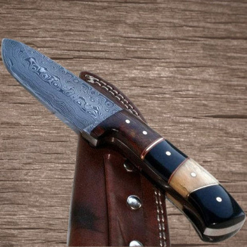 Water Buffalo, Camel Bone and Walnut Handled Damascus Hunting Knife