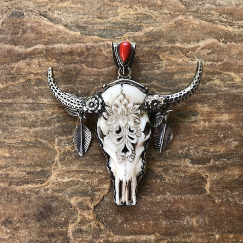 Silver & Carved Bone Longhorn Skull w Silver Feathers & Coral Teardrop | Spirit Animal Collection