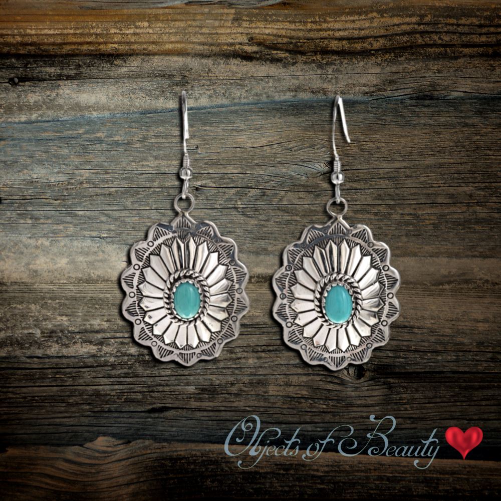 Happie Hippie - 🌵 Beautiful Large Concho Sterling Silver Earrings with  a Turquoise center~ Handcrafted Native American Southwest Jewelry  Receive a Free Sterling Silver Cleaning Cloth with Purchase We Ship, We  Deliver