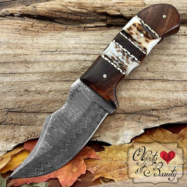 Rosewood Camel Bone Damascus Bushcraft Knife  Yellowstone Spirit Sout -  Objects of Beauty