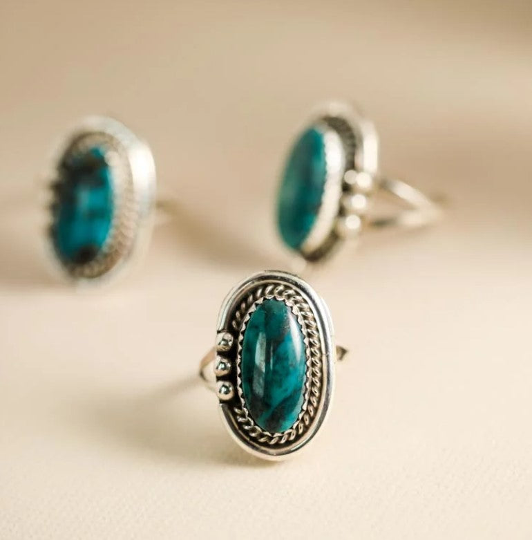 Teal Blue Green Oval Turquoise in Sterling Silver Setting | Navajo Made |  Yellowstone Spirit Southwestern Collection