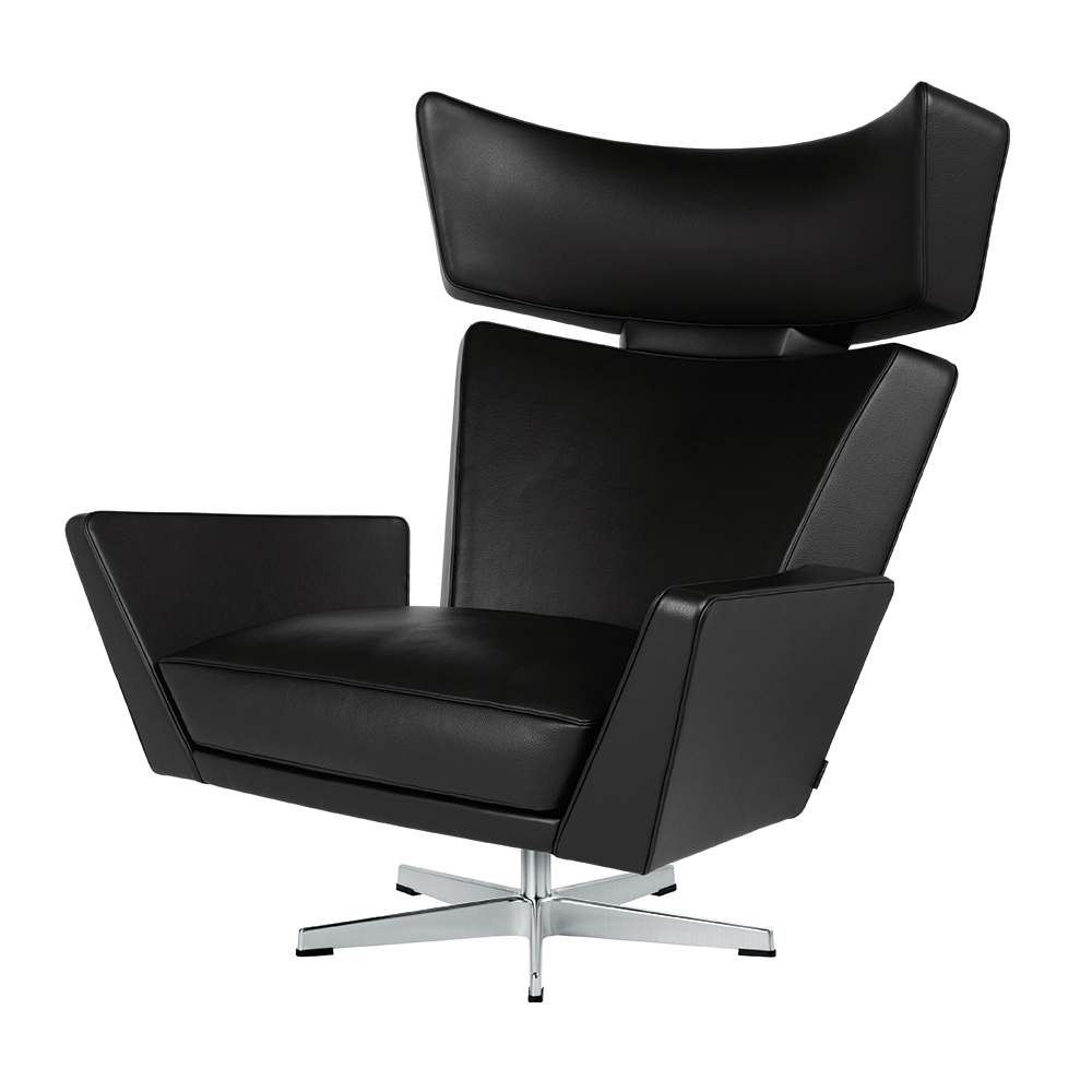 Oksen™ Lounge Chair Upholstery Arne Jacobsen badge Fritz Hansen Living Room Lounge Chairs Black Wild Leather / Satin Polished Aluminum Black Wild Leather Satin Polished Aluminum