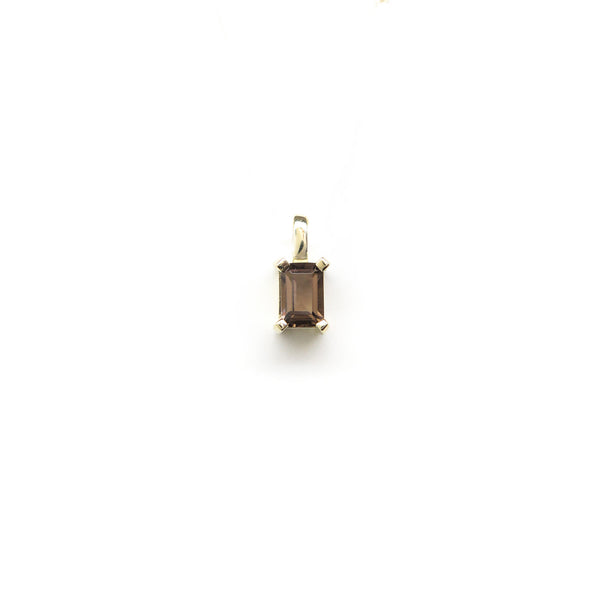 Four Claw Emerald Cut Smokey Quartz Pendant Charm in Yellow Gold