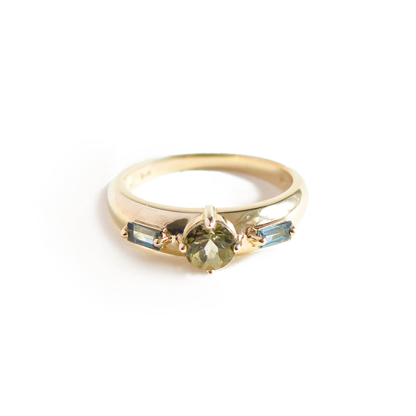 Round Tourmaline and Topaz Baguette Trilogy Ring in Yellow Gold