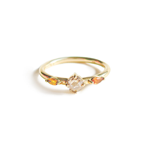 Rose Cut Cognac Diamond and Marquise Citrines Trilogy Ring in Yellow Gold
