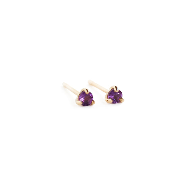 Three Claw Mini Amethyst Stud Earrings in Yellow Gold