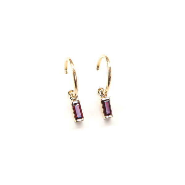 Partial Bezel Set Garnet Baguette Charm Sleepers in Yellow Gold