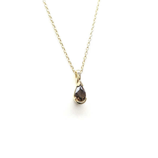 Partial Bezel Set Teardrop Smokey Quartz Charm Pendant in Yellow Gold