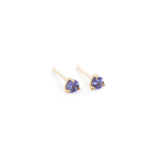 Three Claw Mini Tanzanite Stud Earrings in Yellow Gold