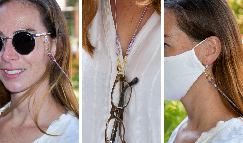 nautical rope mask strap with three uses: mask strap, sunglasses retainer, eye glass retainer