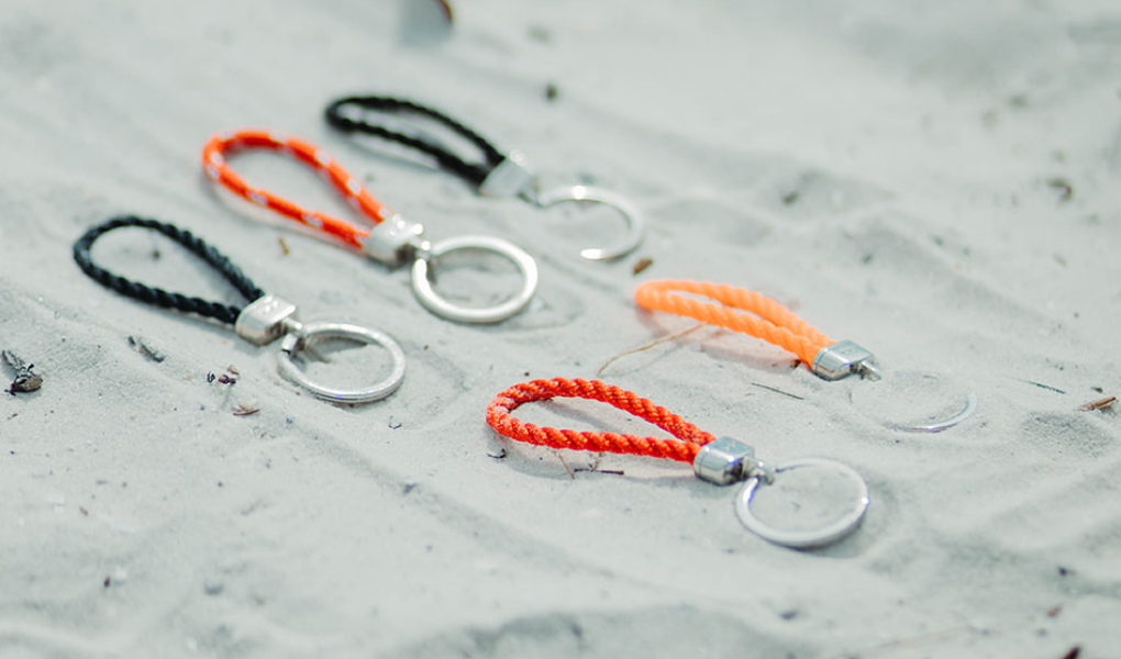 pete's point rope keychain in navy, black, red, orange, black and stainless steel 