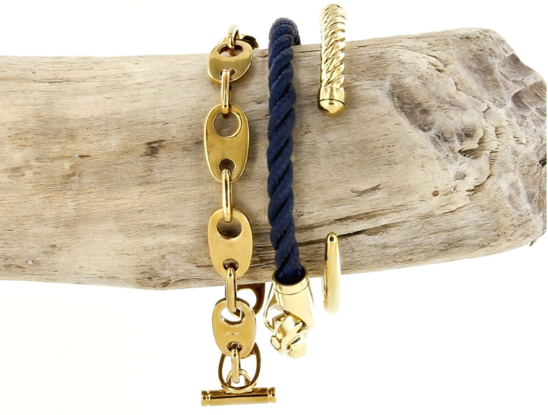 sailormade classic sailor stack with single rope brummel bracelet, slim fid cuff, nautical link bracelet in brass