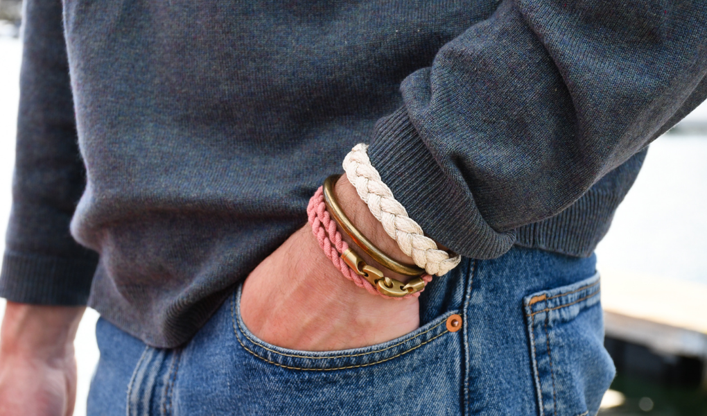 men's journey twisted canvas brummel bracelet in bretton red with antique brass fid cuff and braided cotton bracelet