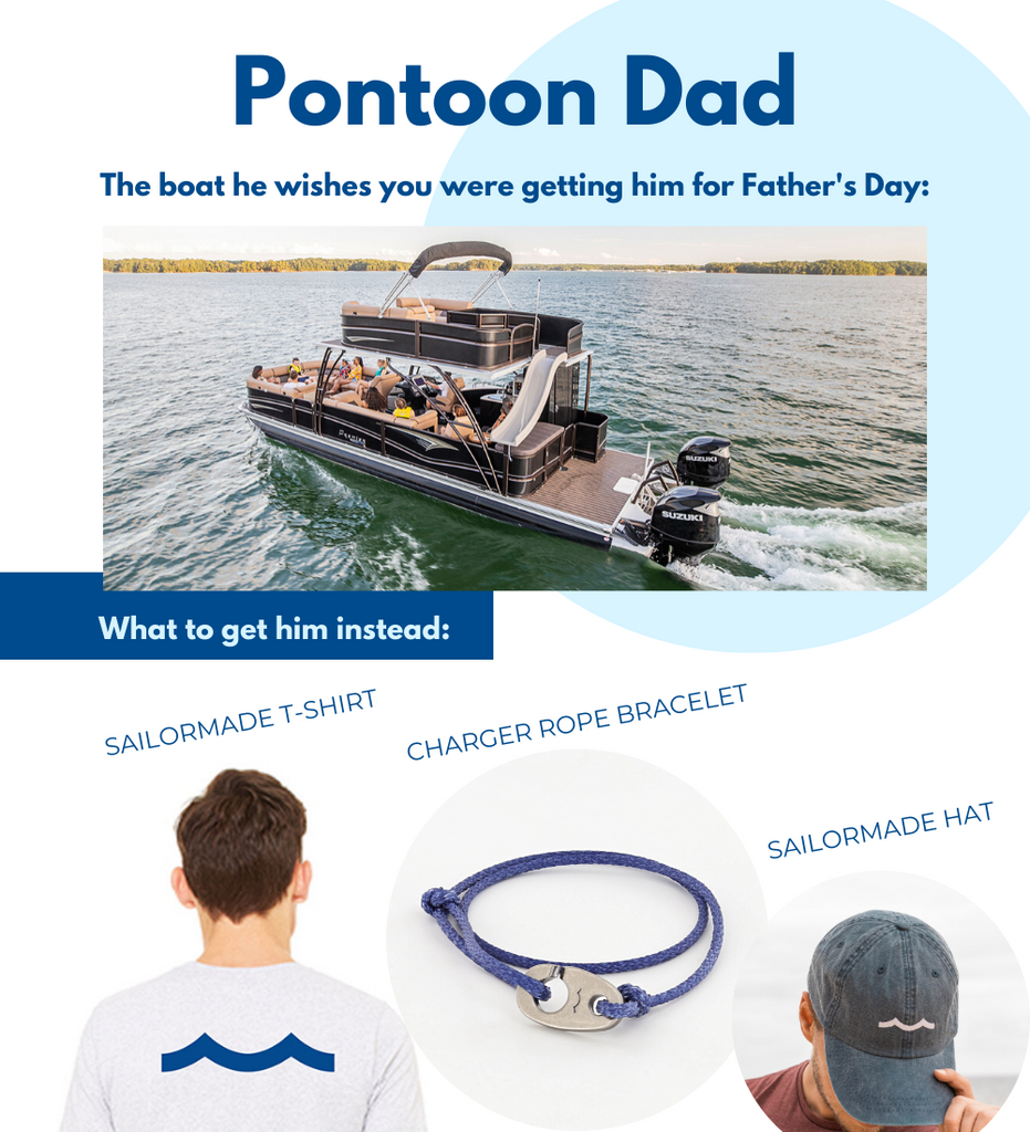 Fathers Day gifts for boaters including Sailormade t-shirt, wave hat and charger slipknot rope bracelet