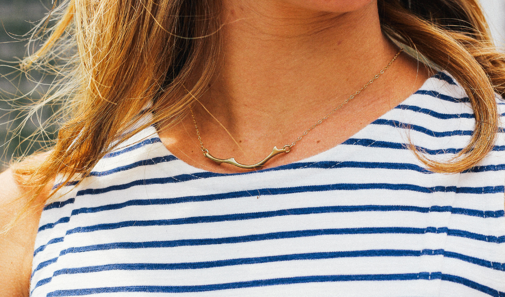 coral reef blade necklace in brass with gold fill chain 