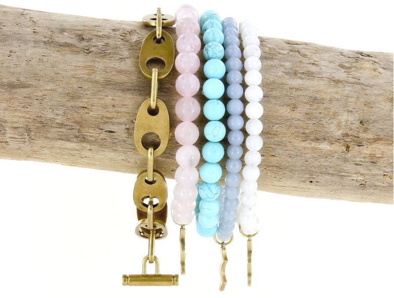 rayminder uv awareness bracelets for sun safety in rose quartz, turquoise, angelite, moonstone