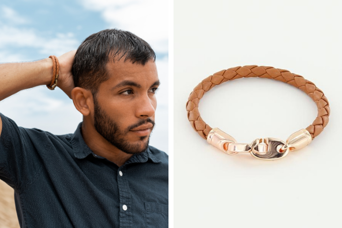 his and hers bracelet sets, men's journey leather wrap bracelet and women's rose gold lure brummel bracelet in baked brown