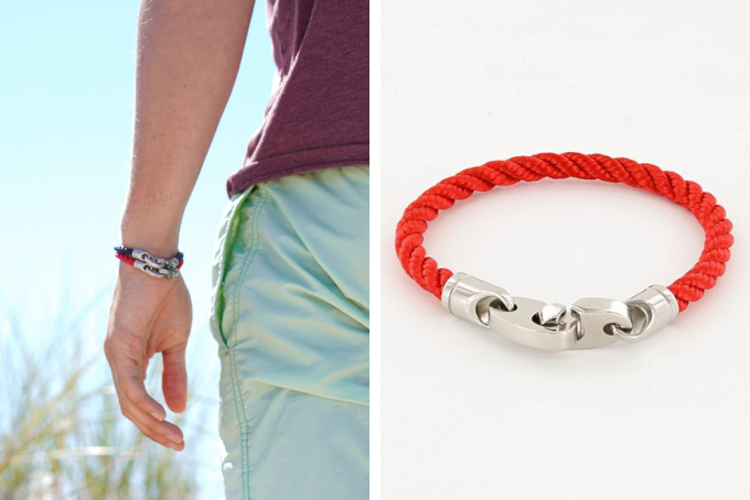 his and hers bracelet sets, catch single wrap rope bracelet for men in stainless steel and red, women's elsewhere brummel bracelet in red rope