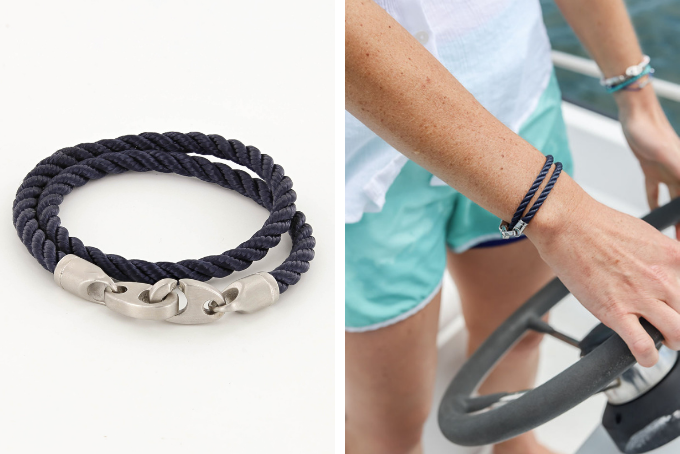 yours and mine nautical bracelet sets, elsewhere double wrap rope brummel bracelet in polished stainless steel and navy for women, catch double wrap rope brummel bracelet in matte stainless steel for men