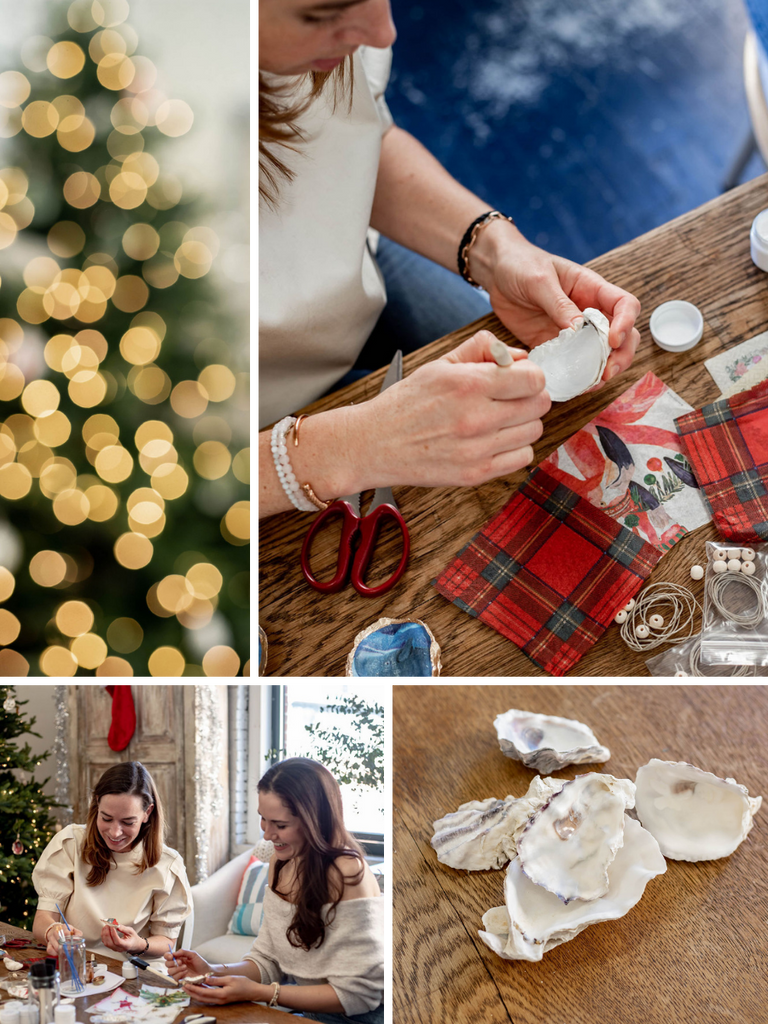 Christmas Oyster shell Decoupage Ornament DIY Kits. Handmade Boston local gifts by woman owned small business.