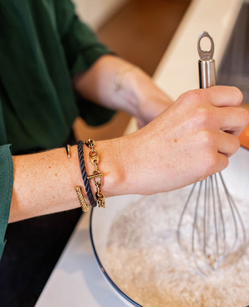 sailormade classic sailor stack with single rope brummel bracelet, slim fid cuff, nautical link bracelet in brass