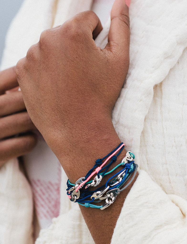 sailormade mini brummel nautical slipknot bracelet stack in sterling silver with navy, pink, turquoise, gray cord