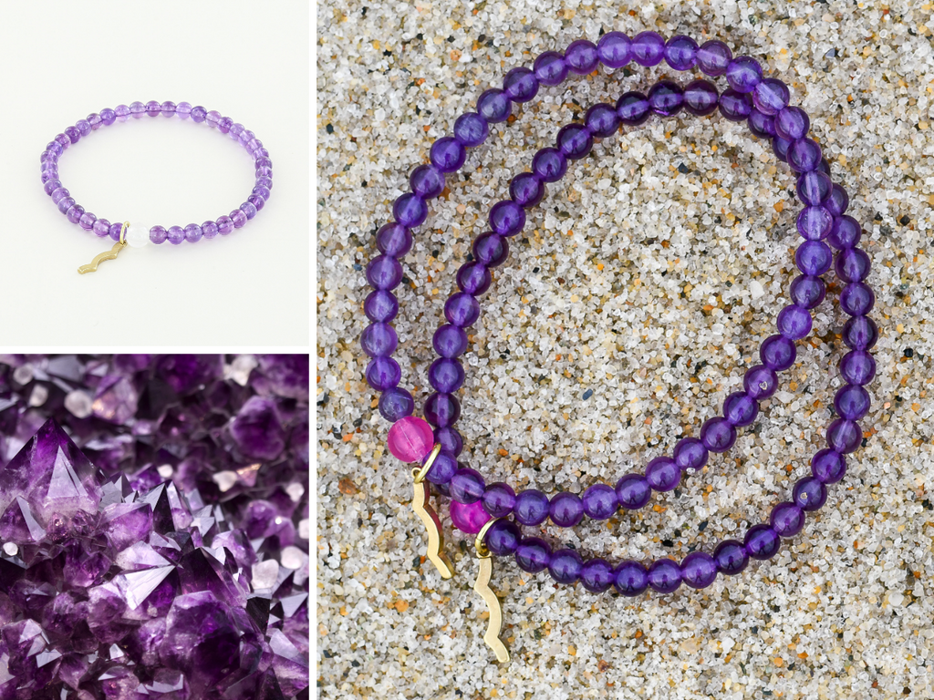 Stackable Rayminder UV Awareness bracelets for sun safety and uv protection in amethyst