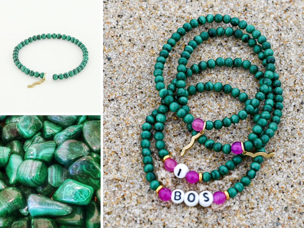 Stackable Rayminder UV Awareness bracelets for sun safety and uv protection in malachite