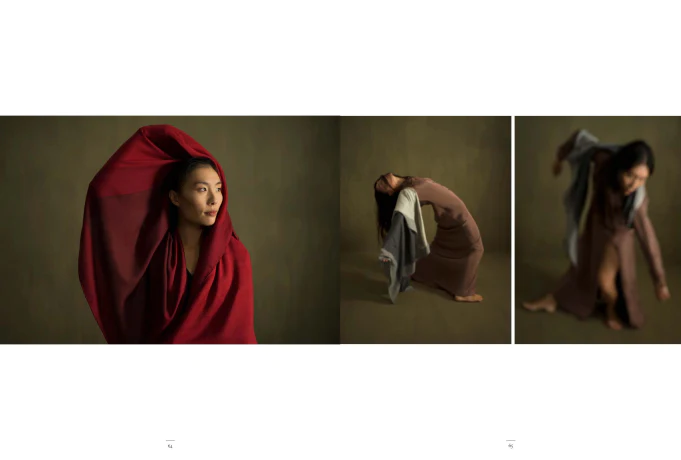 Three images of women posing in alba amicorum scarves, red color block, and two grey scarves after the artist Man Ray