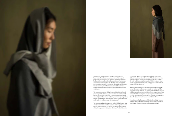Two photos of a woman in a grey Man Ray alba amicorum scarf standing still, left left image out of focus,  in front of an olive wall. The image also contains the text of the article which you can read below.