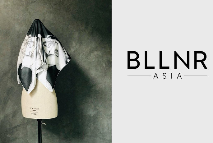 BILLIONAIRE Asia online magazine logo on the right, Alba Amicorum after Man Ray scarf draped on a dress form on the left