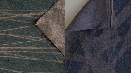 two swatches of cyanotypes on different colored fabrics, one with straw-like designs on green, and one in dark purples of larger branches