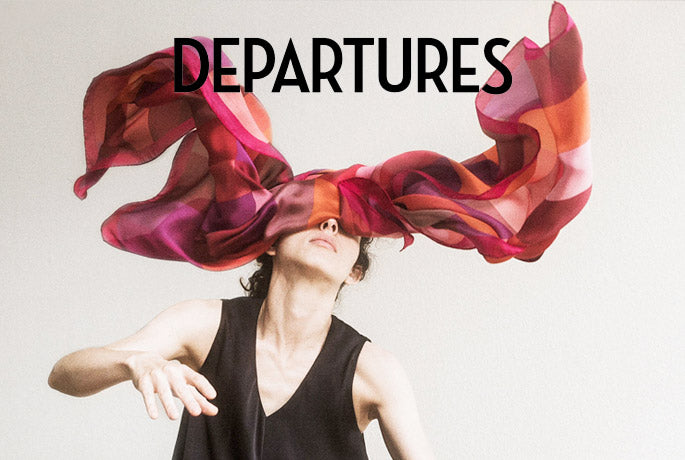 Departures logo above dancer with Darshana Shilpi Rouget's Chroma-Lux  silk scarf from Alba Amicorum 