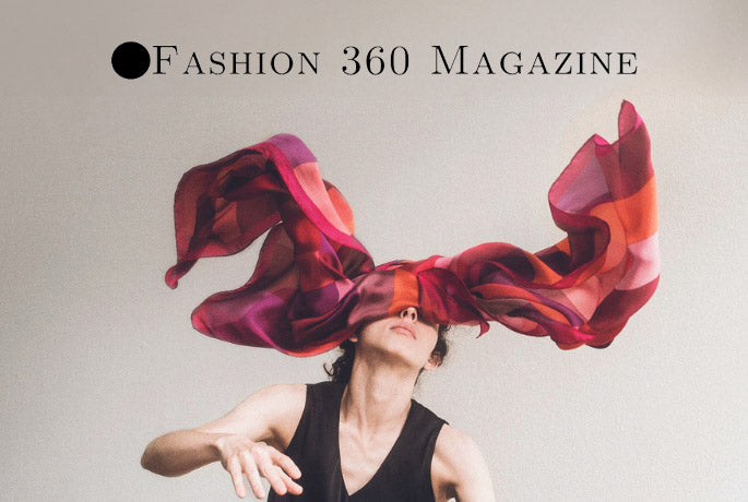 Fasion 360 Magazine logo above dancer with Darshana Shilpi Rouget's Chroma-Lux  silk scarf from Alba Amicorum