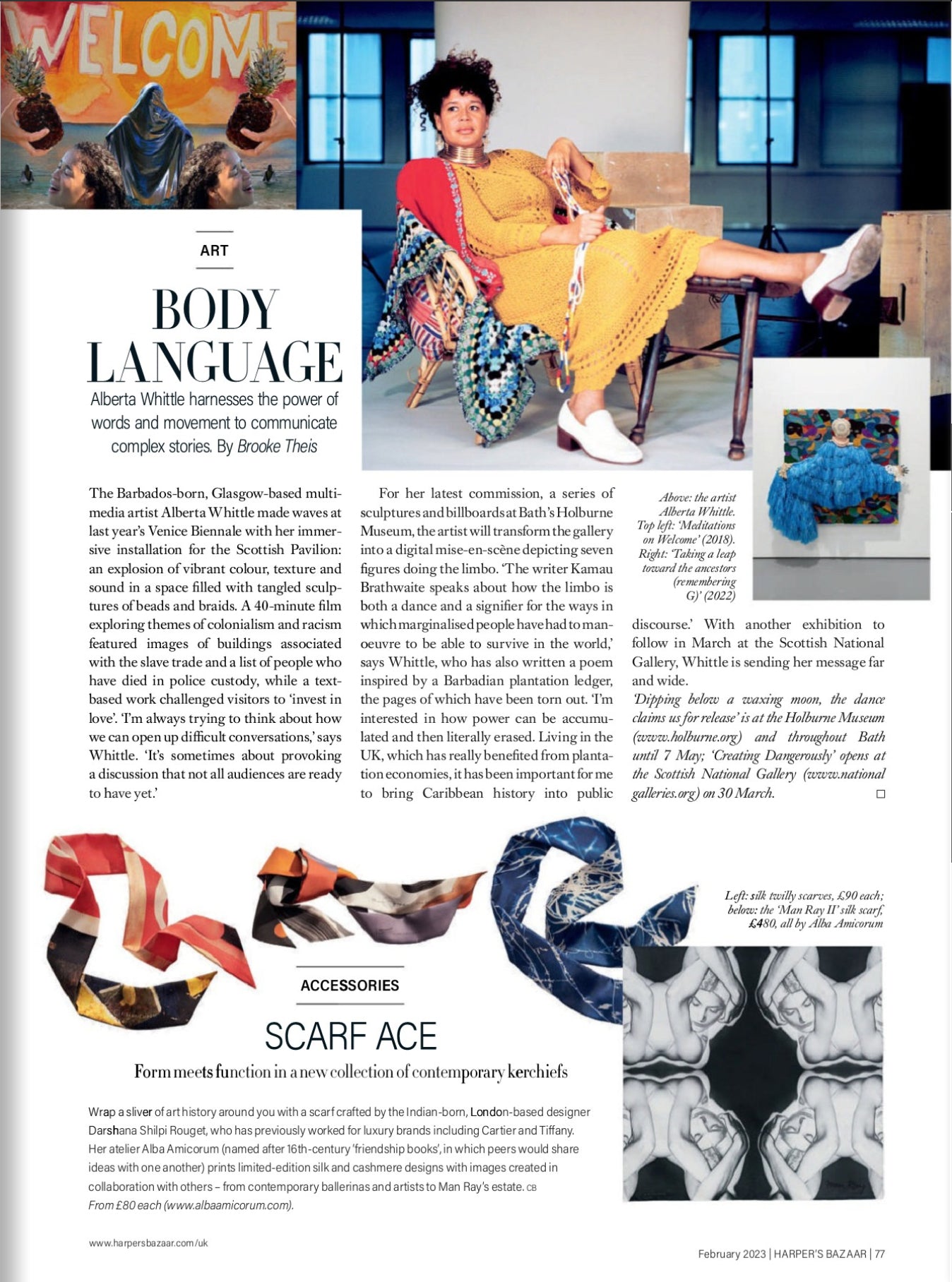 Harper's Bazaar UK Feburary 2023 Art and Accessories Page featuring Alba Amicorum scarves with the text above, a silky twilly scarf, and a man ray scarf