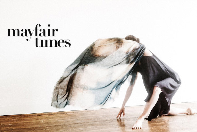Mayfair Times website logo left, right dancer draped in Alba Amicorum scarf - her head and arm obscured by fabric