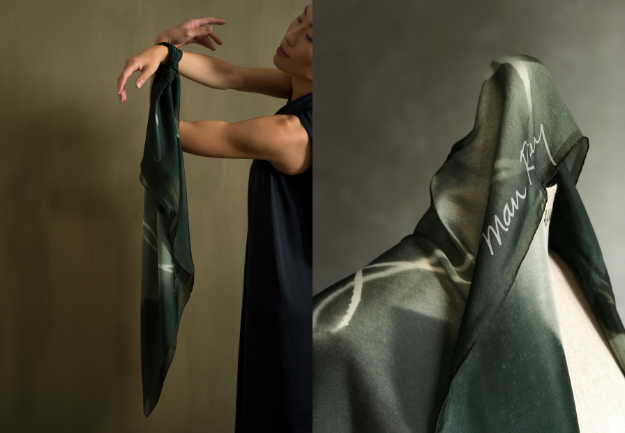 left: partial side view of a woman, arms delicately draping a Man Ray scarf; right: the same subtly-colored scarf photographed abstractly against a backdrop of simliar greys and muted blues