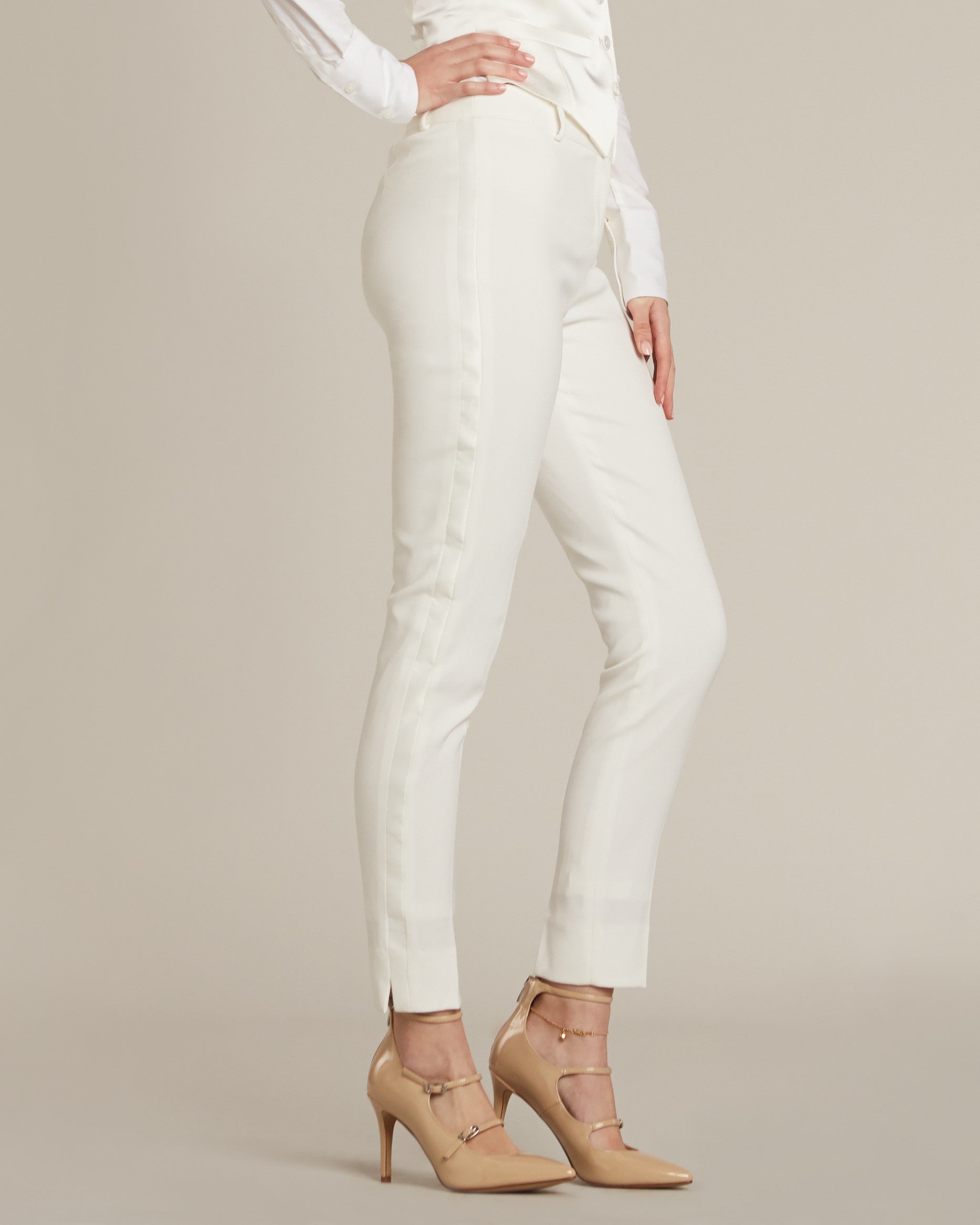 Pearl White Slim Fit Tuxedo Pants