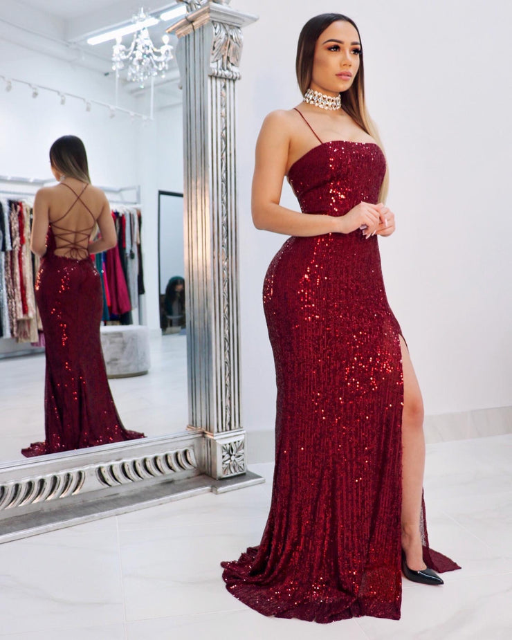 maroon sequin gown
