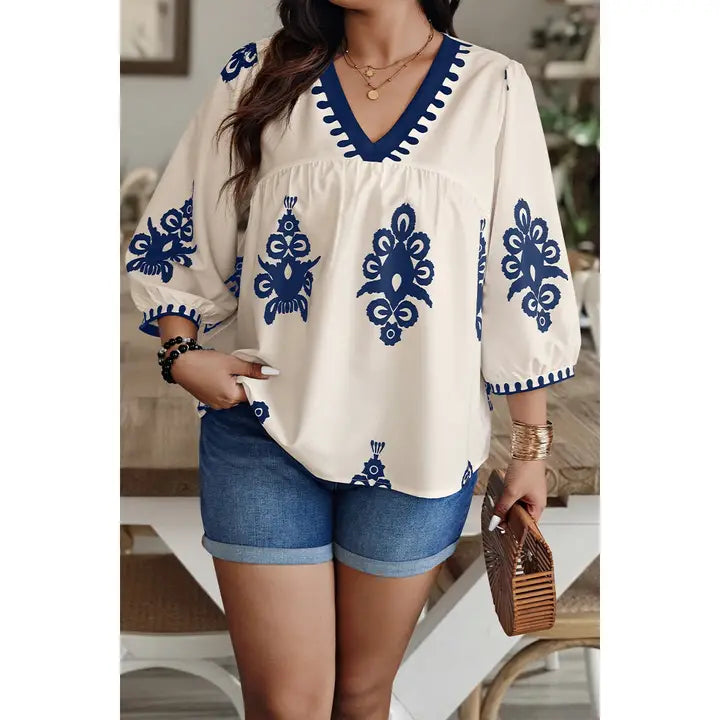 🌸 Plus V Neck Geo Print Puff Sleeve Blouse