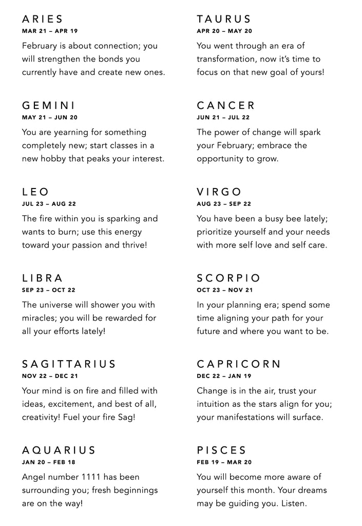 february 2024 horoscopes: aries, taurus, gemini, cancer, leo, virgo, libra, scorpio, sagittarius, capricorn, aquarius, pisces
