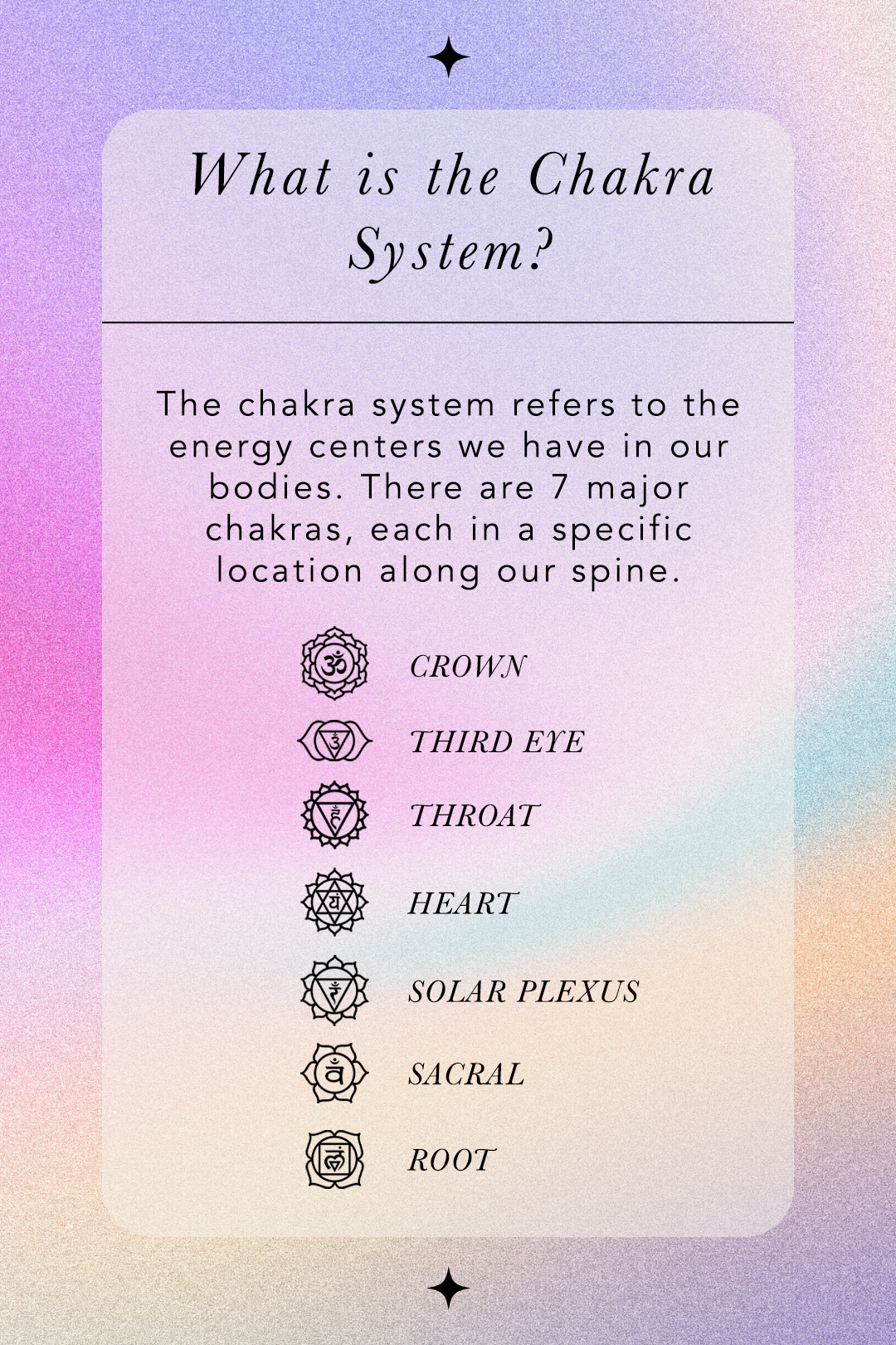 What is the Chakra System? The chakra system refers to the energy centers we have in our bodies. There are 7 major chakras, each in a specific location along our spine. These include the crown, third eye, throat, heart, solar plexus, sacral, and root chakras.