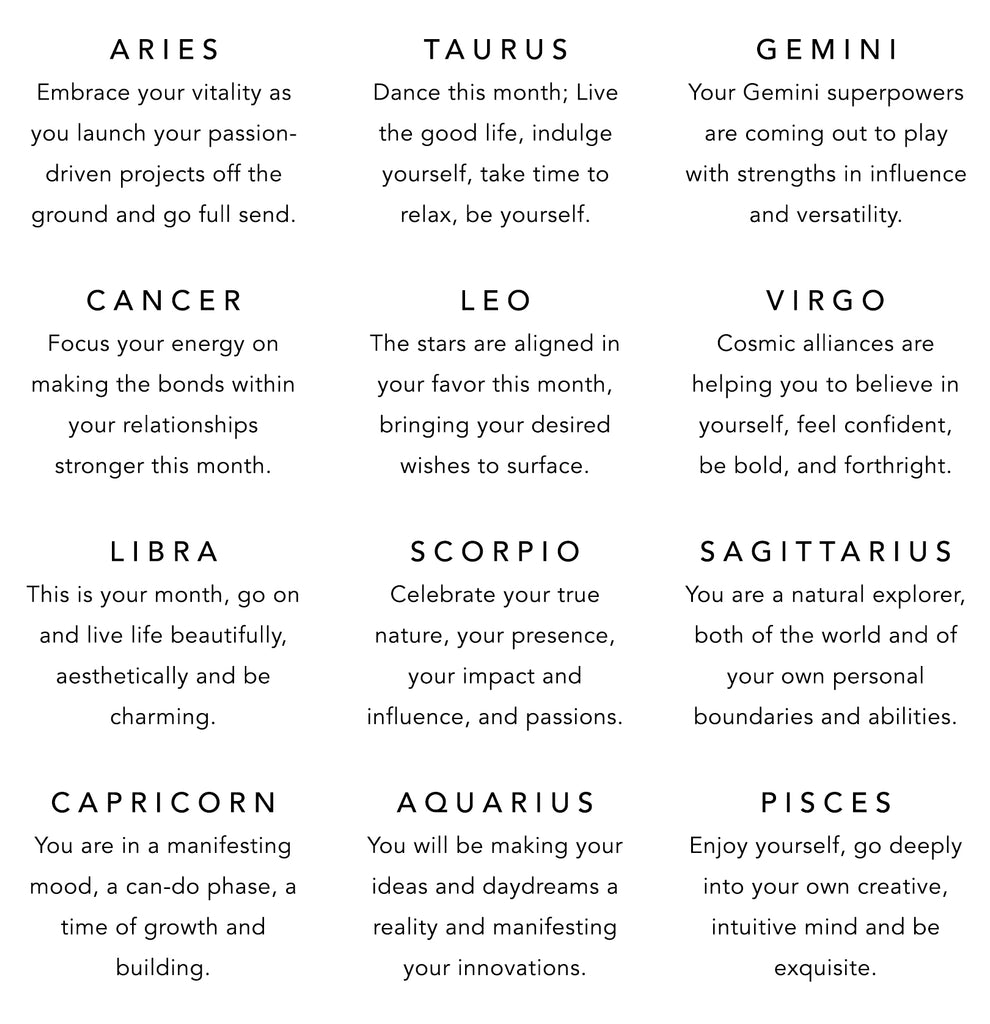 aries, taurus, gemini, cancer, leo, virgo, libra, scorpio, sagittarius, capricorn, aquarius, and pisces horoscopes