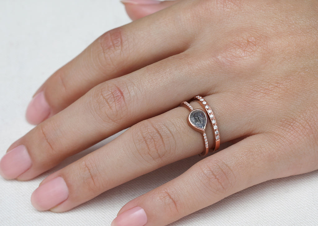0.67ct Pear Rose-cut Grey Diamond & Rose Gold Pav  Bezel Ring