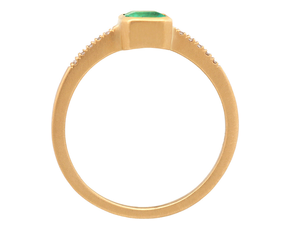 0.50ct Cushion Emerald & Yellow Gold Pav  Diamond Bezel Ring