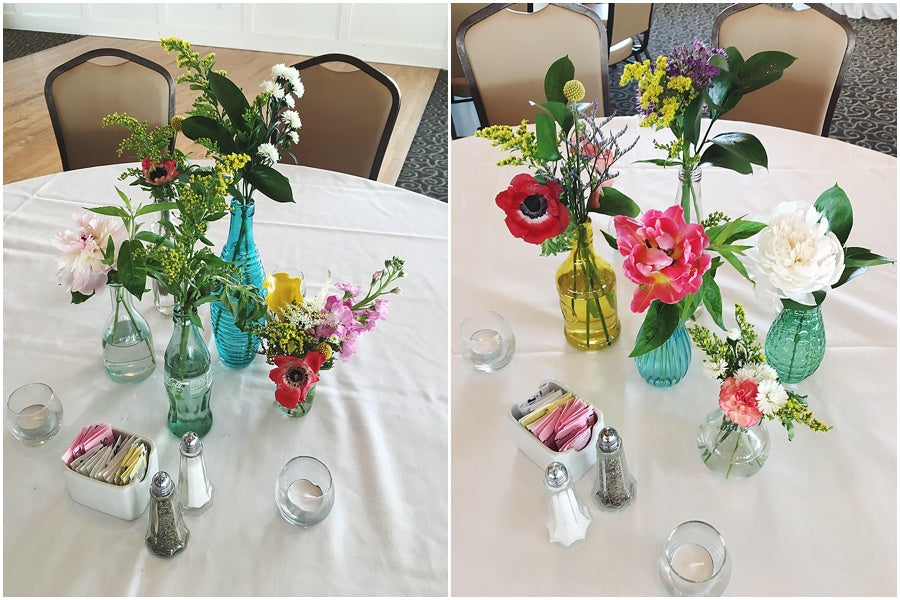 little miss lovely floral design // collection of bottles with garden flowers centerpiece // irish eyes wedding lewes de