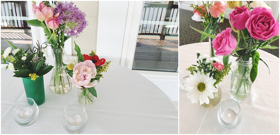 little miss lovely floral design // collection of bottles with garden flowers centerpiece // irish eyes wedding lewes de