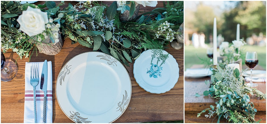 leah adkins photography // little miss lovely floral design // garland centerpiece with china place settings